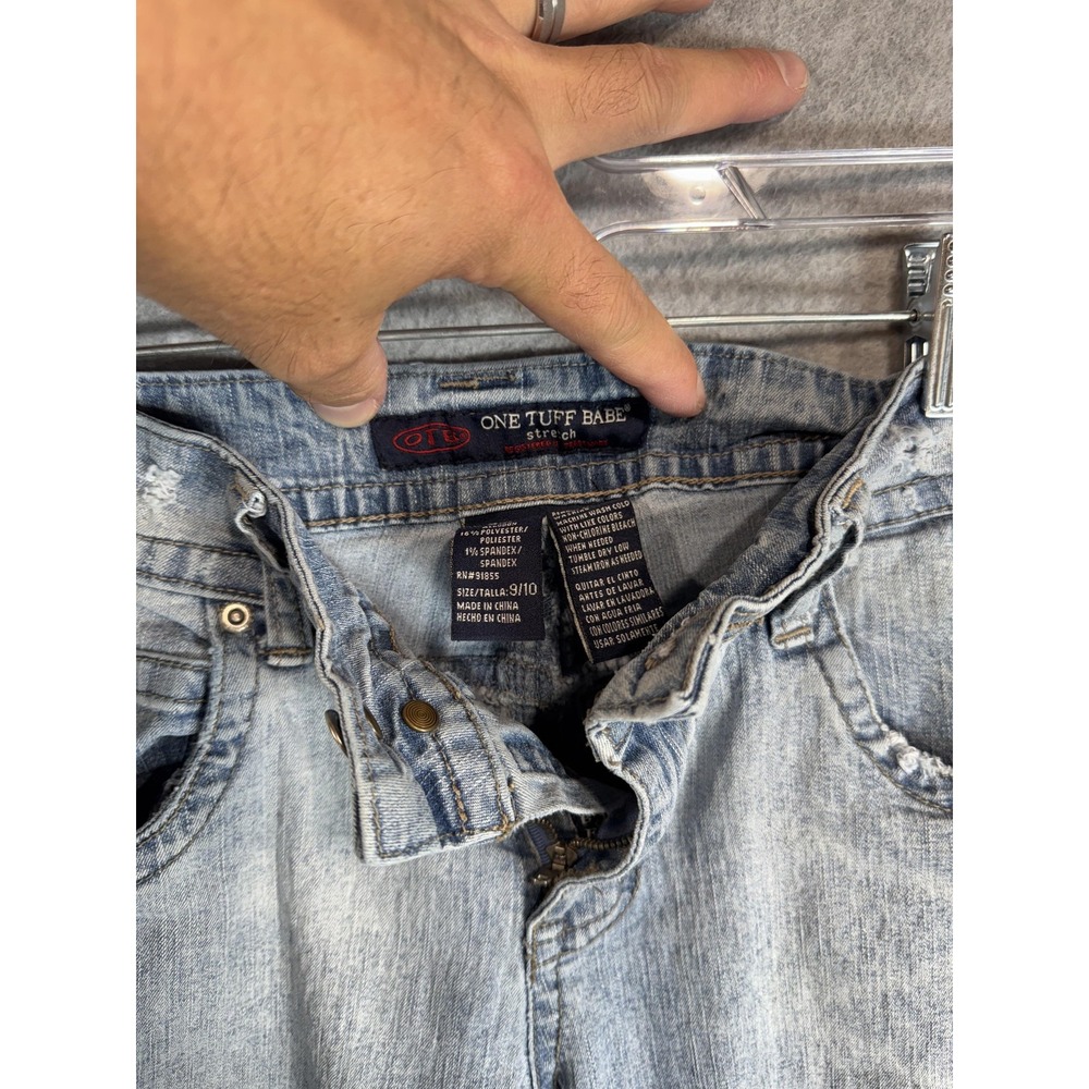 One Tuff Babe Jeans Womens 9/10 Blue Stretch Flare Denim Light Wash Distressed - Picture 9 of 15